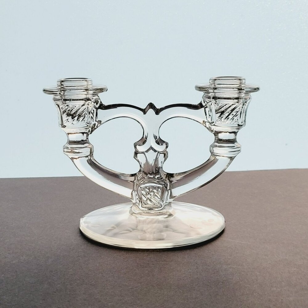 Vintage Indiana Glass Double Candle Holder, Elegant Etched Floral, c.1939-47 USA